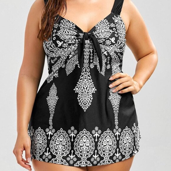 Danify Women's Plus Size US 18 Tankini Swim Dress Black White Paisley - Picture 2 of 7